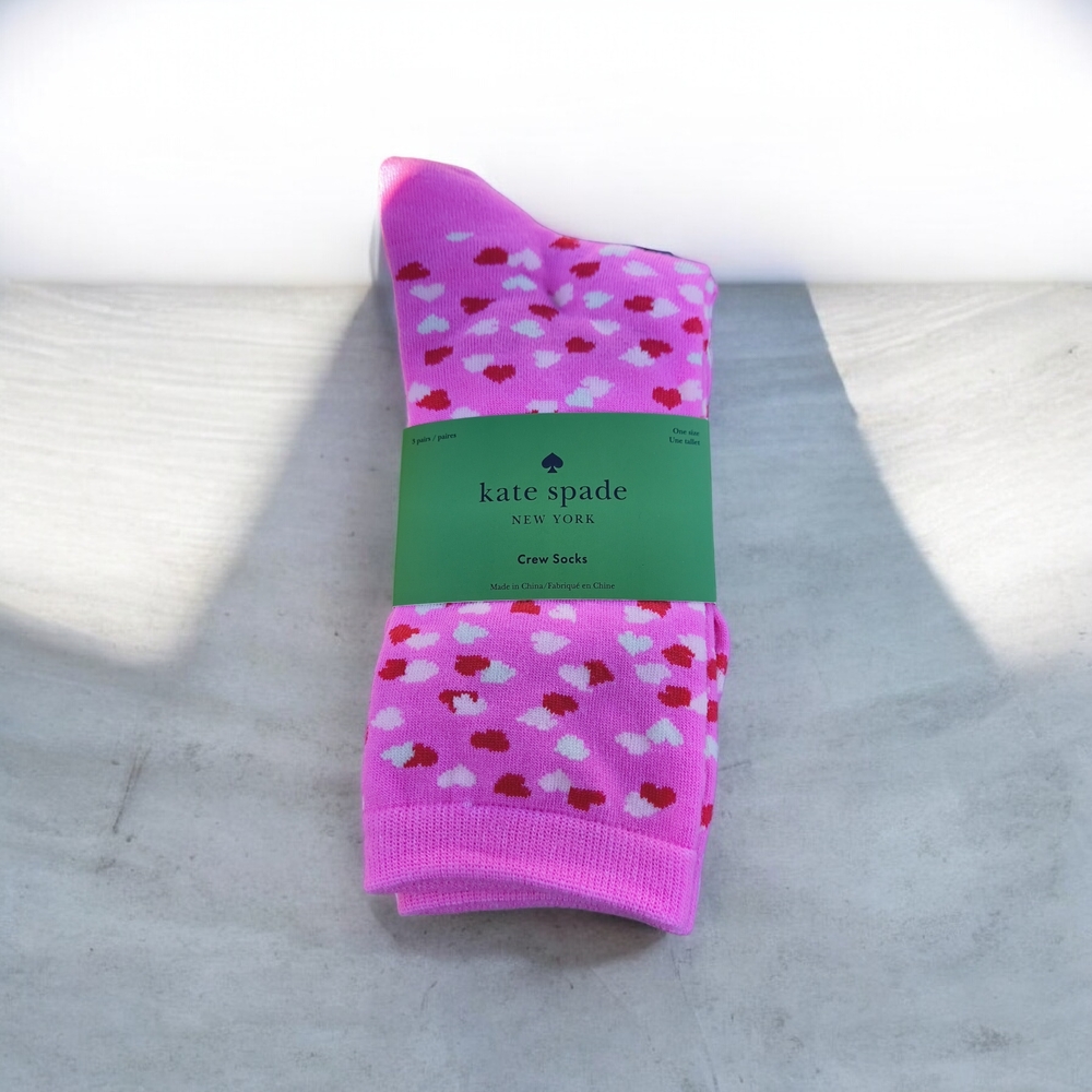 NWT Kate Spade 3 Pair Pink Heart Pattern, White And Gray Socks Valentine's Day